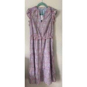 Ecru Larson Lilac Purple Floral Ruffle Tiered Dress Large NWT